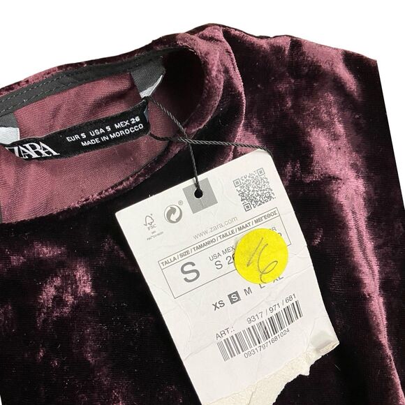 ZARA Burgundy Velvet Midi Dress Flutter Sleeve Holiday Cocktail Size S - Picture 7 of 13